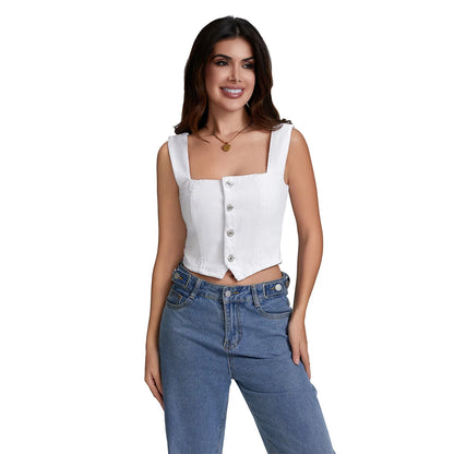 Summer Denim Tank Tops Women Slim Fit Square Neck Backless Back Shirred Sleeveless Button Down Crop Tops for Party Club Night