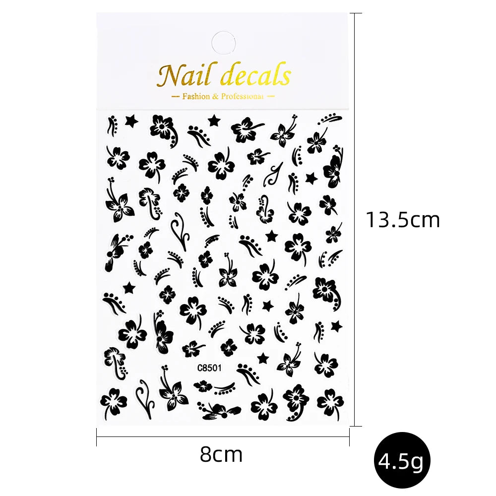 5D Hibiscus Flower Nail Embossed Sticker Acrylic Pink White Gold Petal Leaf Adhesive Decal Butterfly Dragon Floral Elegant Decor