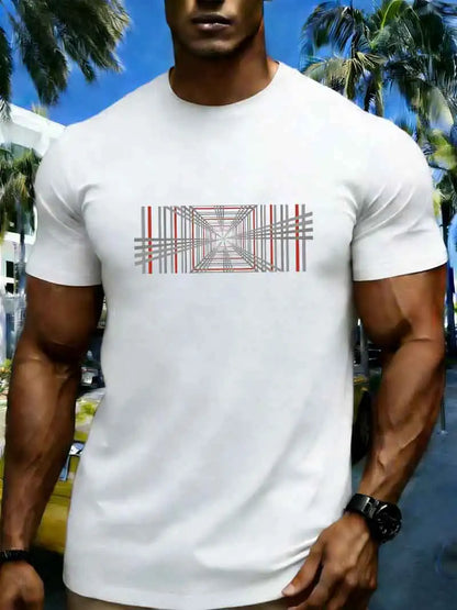 Summer men's 100% pure cotton casual fashionable loose retro compass mountain pattern printed round neck short sleeved T-shirt