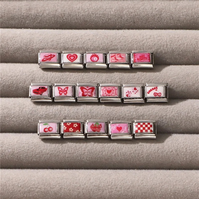 Wholesale Sweet Pink Series Stars Heart Flowers Butterfly Italian Link Fit 9mm Stainless Steel Bracelet Making DIY Charm Jewelry