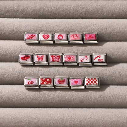 Wholesale Sweet Pink Series Stars Heart Flowers Butterfly Italian Link Fit 9mm Stainless Steel Bracelet Making DIY Charm Jewelry