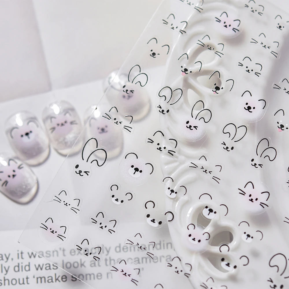 Cute Animal Face 5D Nail Art Stickers Cartoon Cat Bunny Dog Mouse Kawaii Expressions Simple Self Adhesive Manicure Decal DIY