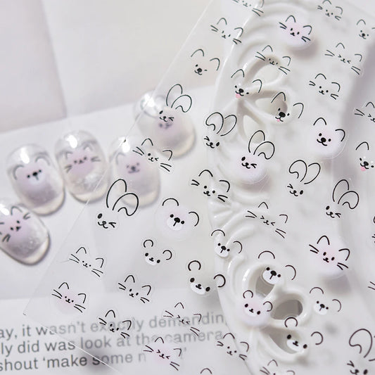 Cute Animal Face 5D Nail Art Stickers Cartoon Cat Bunny Dog Mouse Kawaii Expressions Simple Self Adhesive Manicure Decal DIY