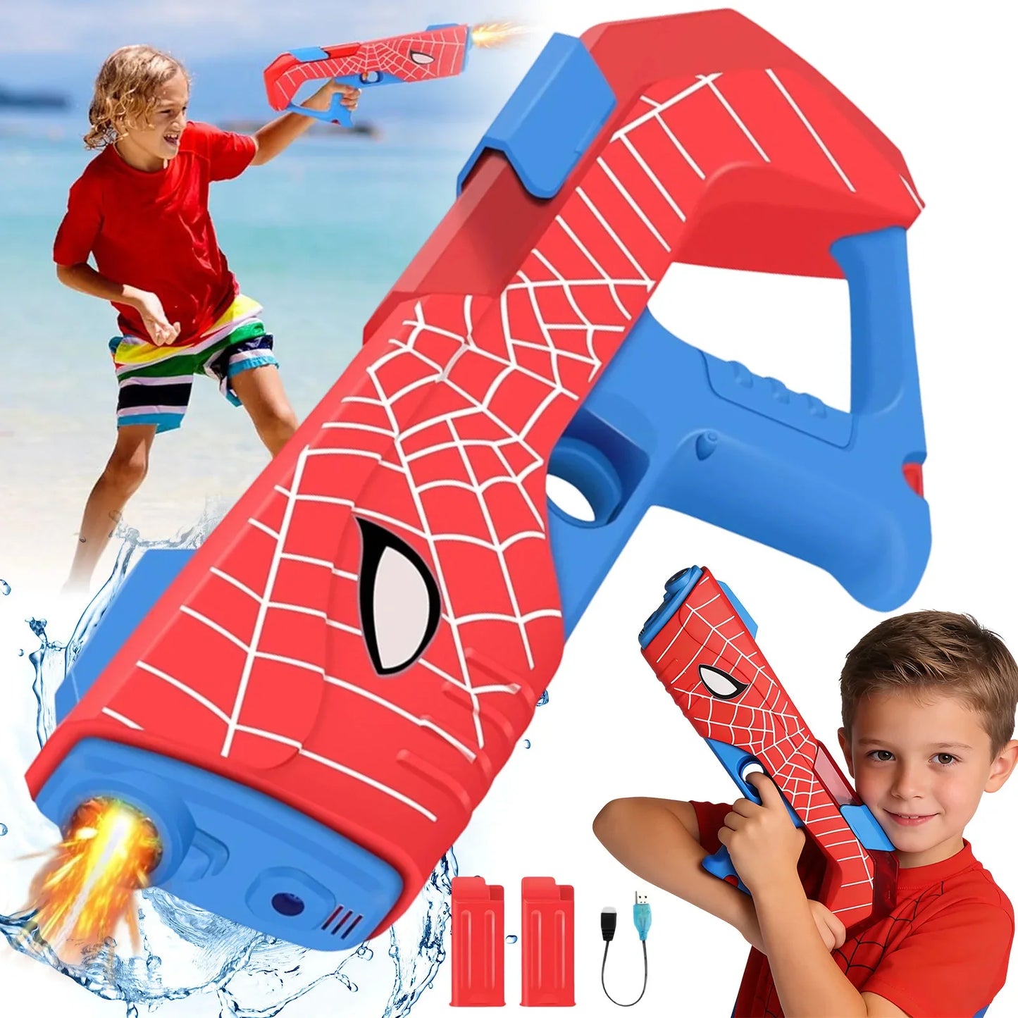 330ML Automatic Electric Water Gun Toy 2 Rechargeable Batteries Light Sound Effects Portable Summer Water Toy For Kids Adults Backyard Beach Pool Outdoor Party Game