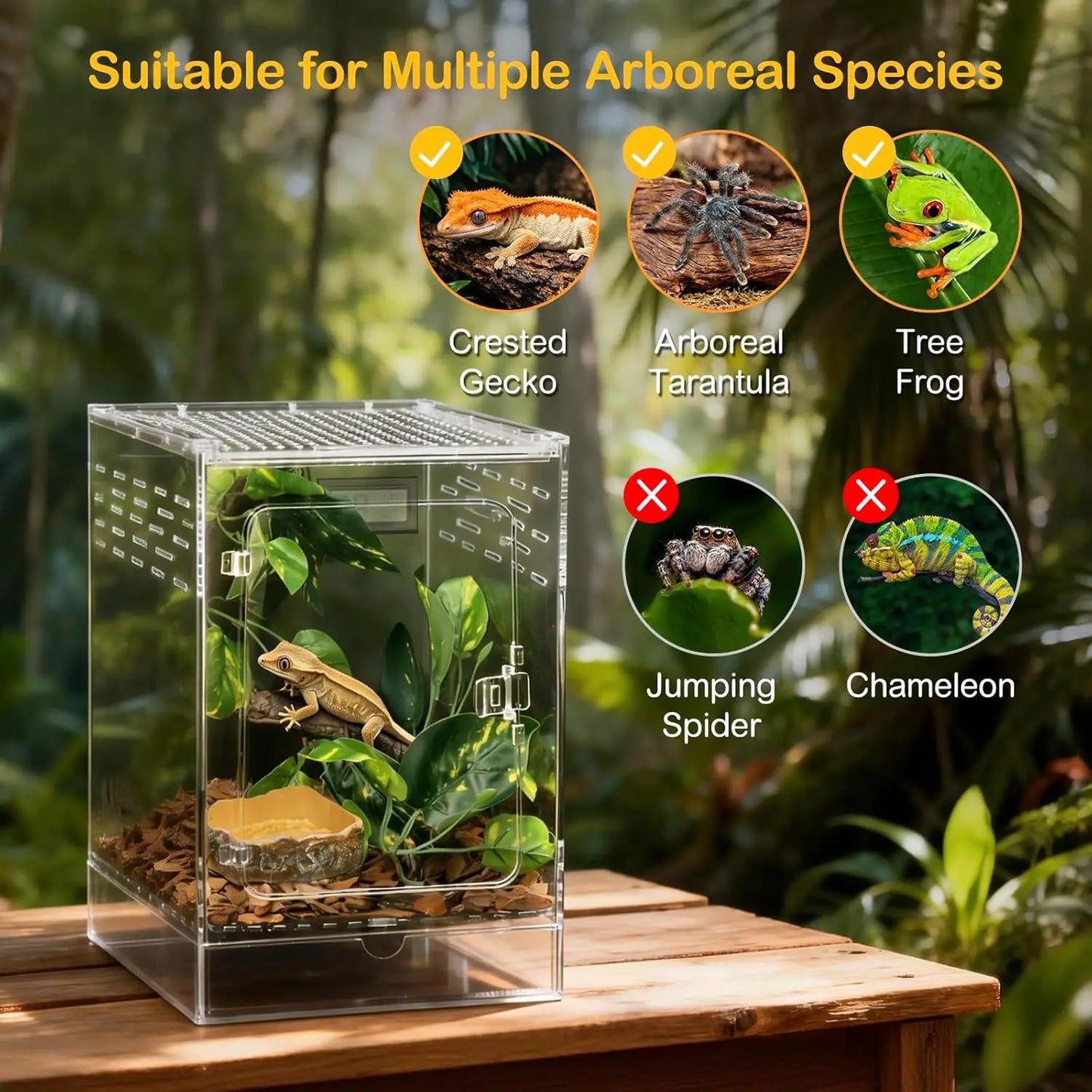 Arboreal Transparent PC Reptile Tank Vertical Terrarium Habitat Ventilated Breeding Cage for Crested Gecko, Tree Frog, Tarantula