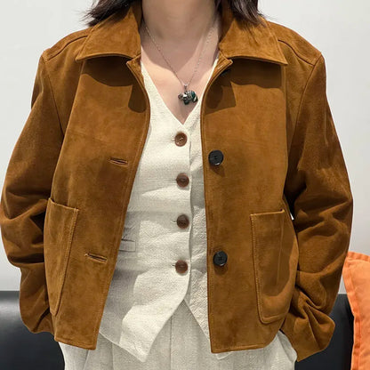 European Imported Kid Suede Leather Jacket for Woman High Grade Turn Down Collar Pocket Short Cropped Coat Long Sleeve Top Mujer