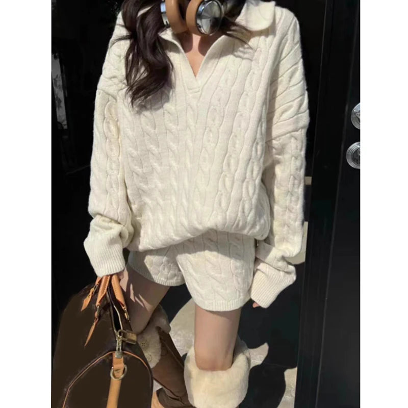 Autumn Winter Pullover Loose Women Sweater Knitted Shorts 2 Two Piece Sets Office Fashion Outfits Lapel Casual Long Sleeve Tops