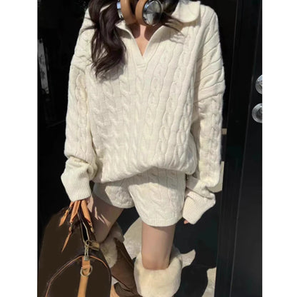 Autumn Winter Pullover Loose Women Sweater Knitted Shorts 2 Two Piece Sets Office Fashion Outfits Lapel Casual Long Sleeve Tops