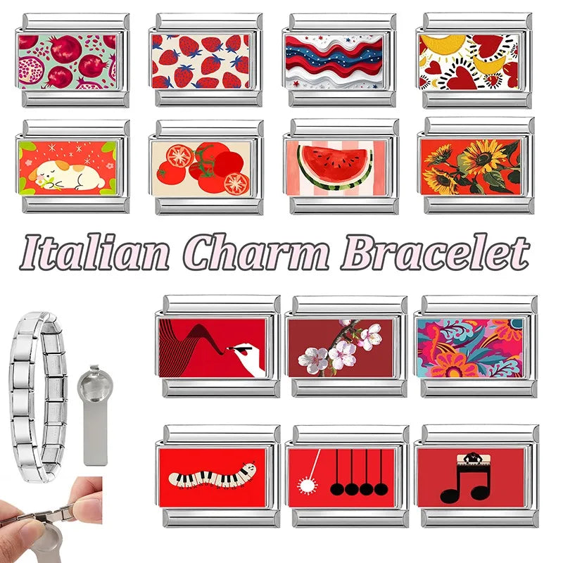Wholesale Fashion Personalized DIY Red Color Italian Charm Bracelet Watermelon Tomato Bead 9mm Bracelet Stainless Steel Jewelrys