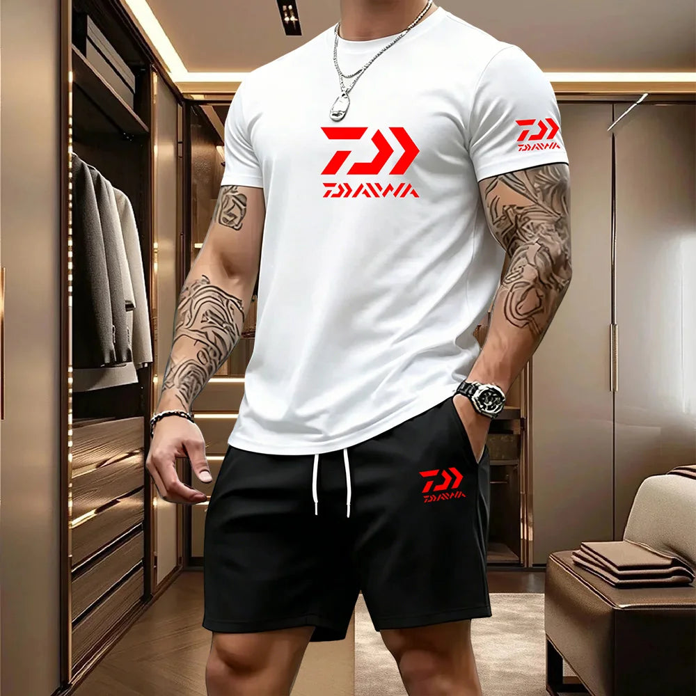 2026 Summer Men's Short Sleeved T-shirt Drawstring Shorts Set Breathable Outdoor Sports Set Men's Daily Fishing Suit