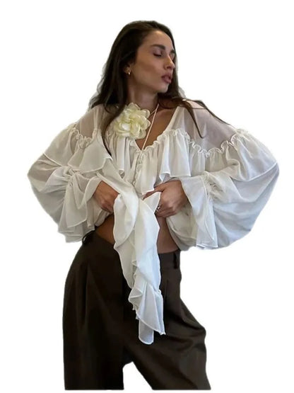 Sexy See-through Chiffon Top V-neck Long Sleeve Beach Party Shirt Trans-seasonal Women's Low Cut Shirt Ruffle Solid Color Tops