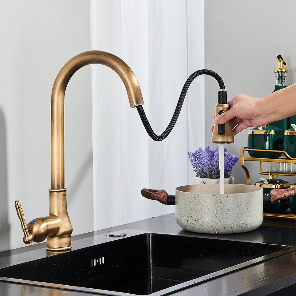 Rozin Antique Brass Kitchen Faucet Pull Out Spout Kitchen Faucets Black Single Hole Swivel Hot Cold Water Kitchen Mixer Tap