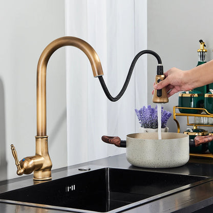 Rozin Antique Brass Kitchen Faucet Pull Out Spout Kitchen Faucets Black Single Hole Swivel Hot Cold Water Kitchen Mixer Tap