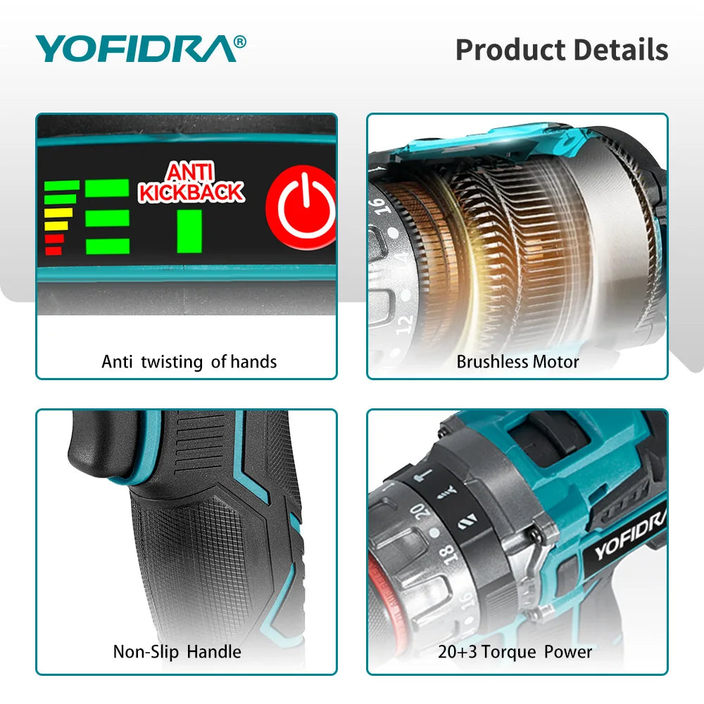 YOFIDRA 700N.M Brushless Electric Impact Drill Cordless Screwdriver Plates Soil WoodWorking Power Tool For Makita Battery Pin