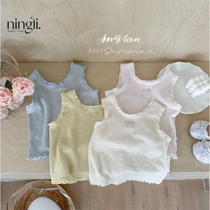 Girls' Ribbed Camisole with Embroidery & Ruffle Trim – Soft Spaghetti Strap Tank Top for Summer, Layering or Beach Wear