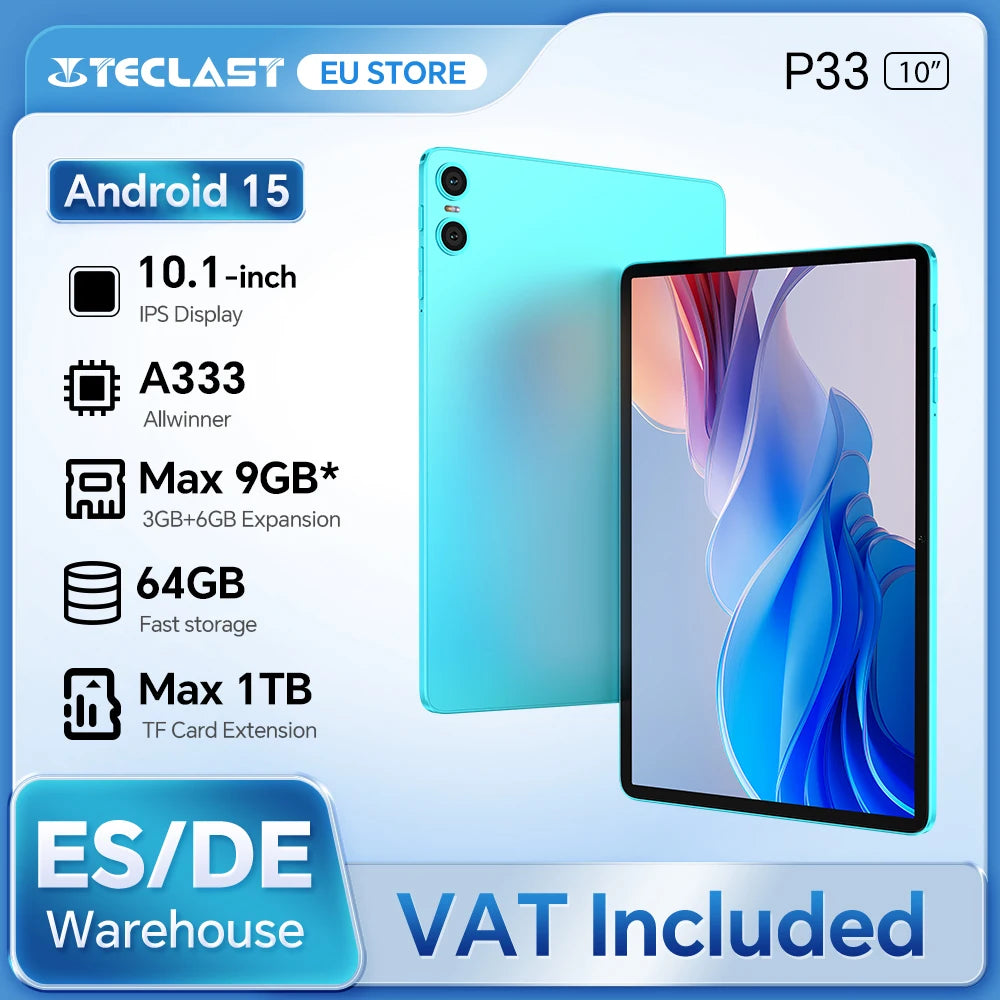 Teclast P33 10.1 Inch Tablet, Android 15, Max 9Gb Ram 64Gb Rom, Wifi 6, 6000Mah Type-C, Dual Camera, Metal Body, Allwinner A333