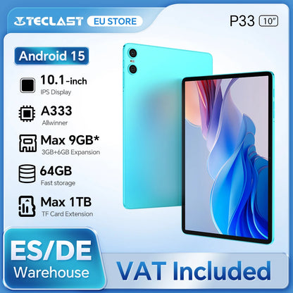 Teclast P33 10.1 Inch Tablet, Android 15, Max 9Gb Ram 64Gb Rom, Wifi 6, 6000Mah Type-C, Dual Camera, Metal Body, Allwinner A333