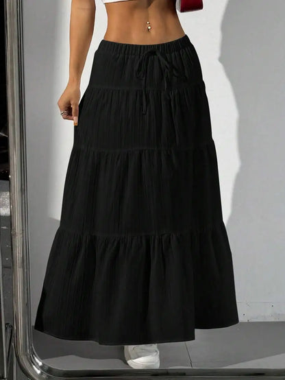 European and American Cross-Border New Style Wish Spring and Summer Women's Skirts, Tie-Strap Spliced Flared Skirts, Loose Long