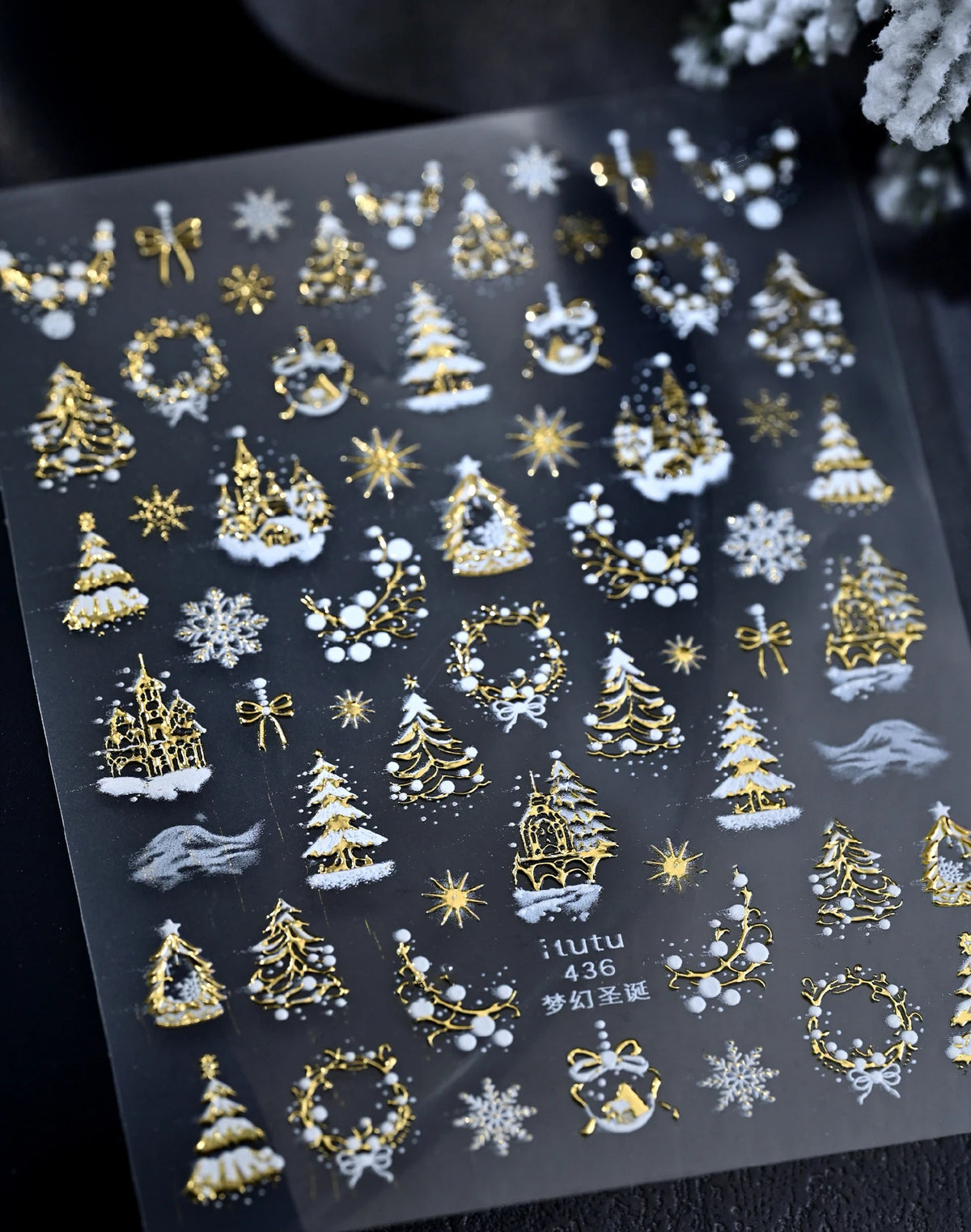 5D Embossed Gold Castle/Garland/Christmas Tree Nail Stickers White Snowflakes Bow Star Nail Decals Self-Adhesive Xmas Nail Decor