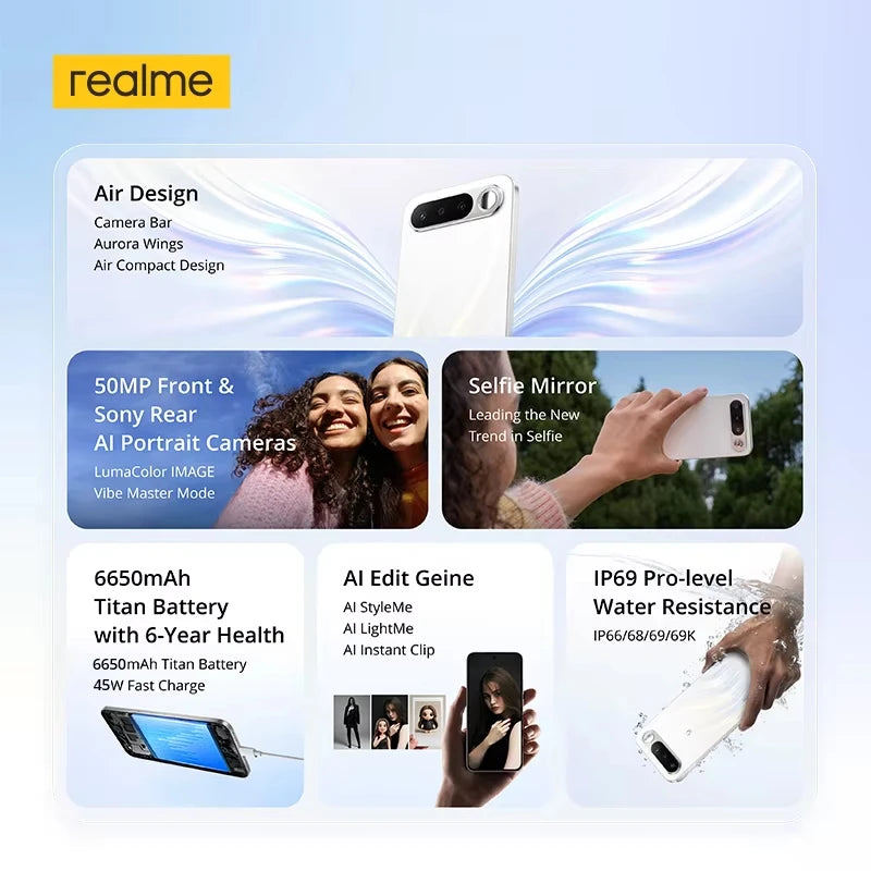 realme 16 5G smartphone, European version, MediaTek Dimensity 6400 Turbo chip, 6.57-inch 120Hz AMOLED screen, 6550 mAh Titan battery, 45 W fast charging, IP69.