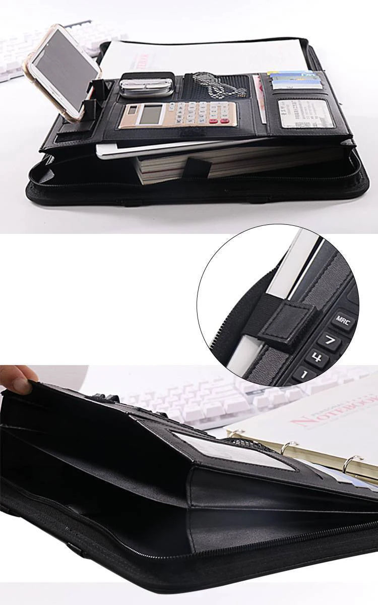PU leather A4 zipper calculator binder conference file pad folder briefcase tablet portable circular handle file bag