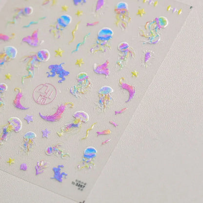 Colorful Bagful Jellyfish Bubbles Swimming Rings Rainbow Stars Ocean Starfish Self Adhesive 5D Nail Art Sticker Manicure Decal