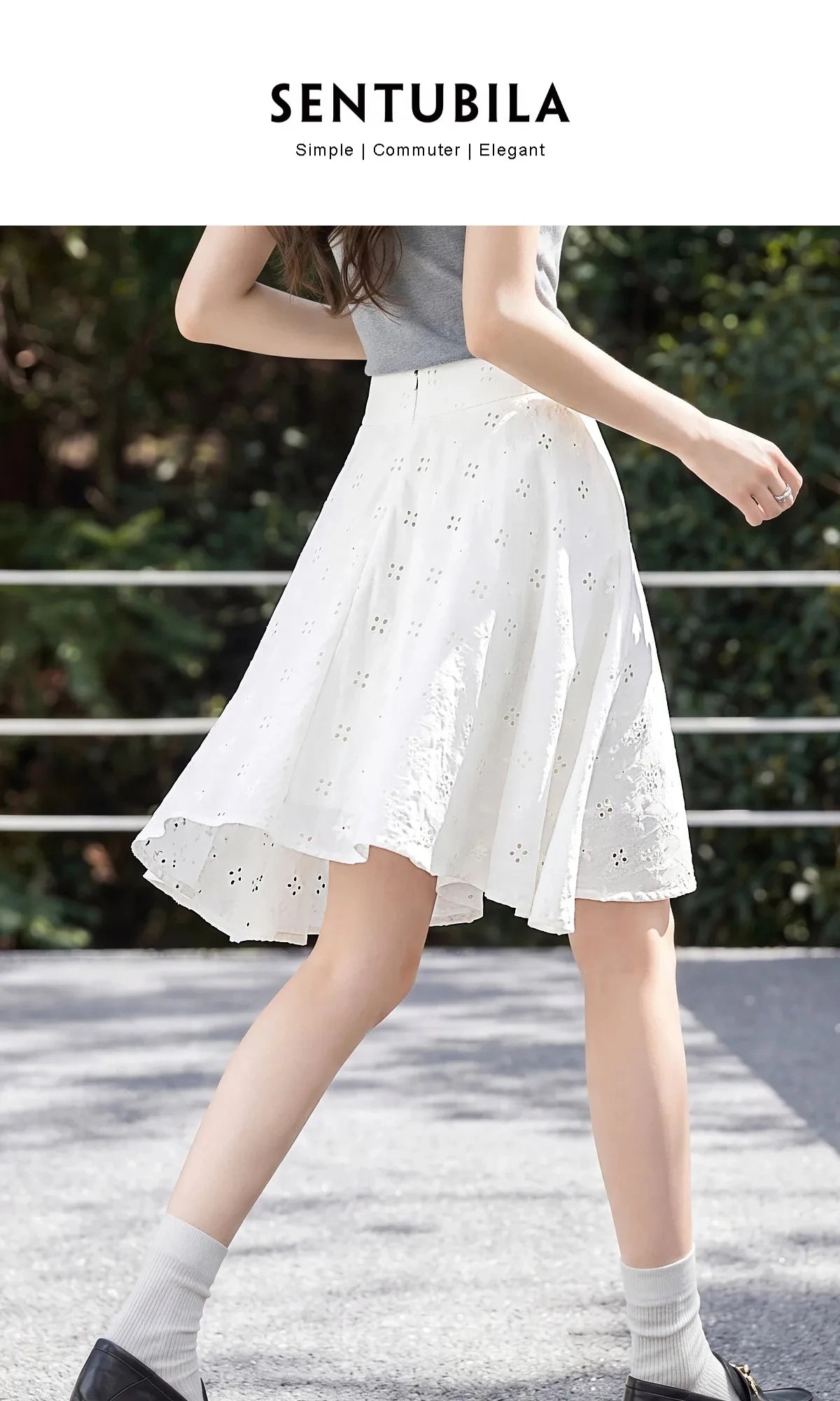 SENTUBILA Women's White Cotton Summer Skirt 2026 Woman Fashion Hollow Embroidery A-Line Short Skirt Female Clothes Q62QG7173
