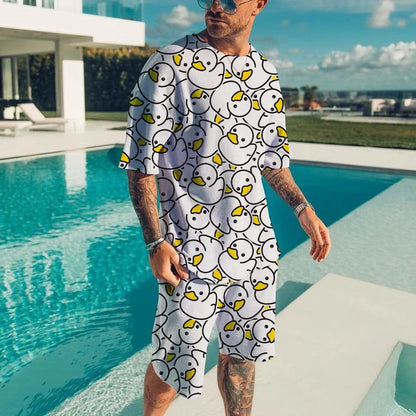 Cute duck 3D printed T-shirt shorts set for men's casual fashion loose short sleeved T-shirt pants set for men's lightweight and