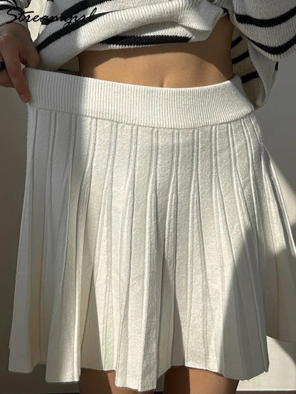 Autumn Knit White Mini Pleated Skirts For Women A Line Skirt Gray High Waist Women Knitted Pleated Short Skirts Korean Fashion