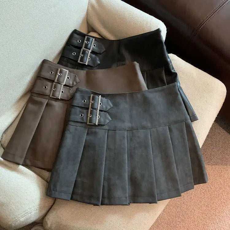 S-3XL Y2K Pu Leather Mini Skirts Women Streetwear High Waist Pleated Skirt Vintage Korean Black Slim Casual A Line Skirts