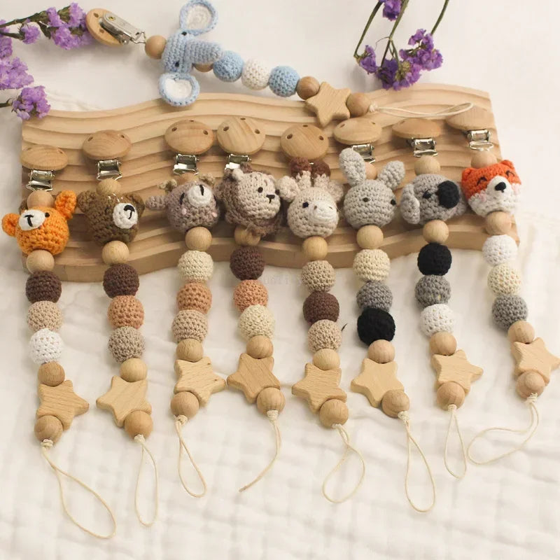 Cartoon Bunny Pacifier Chain Clip Wood Crochet Bear Teething Chain Baby Teether Soother Holder Newborn Chew Toys Pacifier Clips