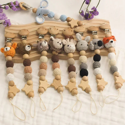 Cartoon Bunny Pacifier Chain Clip Wood Crochet Bear Teething Chain Baby Teether Soother Holder Newborn Chew Toys Pacifier Clips