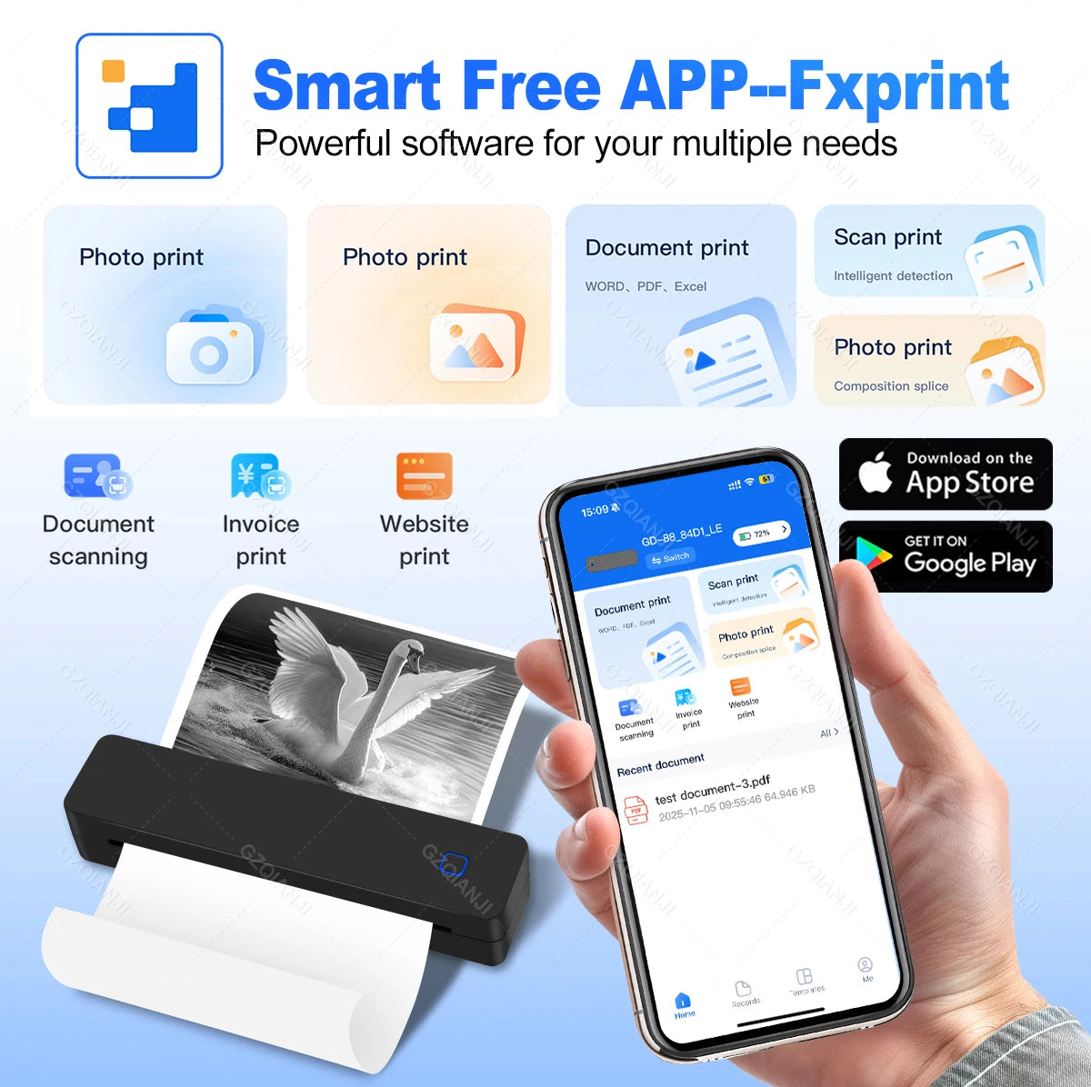 Mini Portable A4 Thermal Printer Bluetooth-compatible Photo PDF Printing Machine Folded Rolls Paper for Office Home Travel
