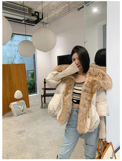 Oversized Winter Warm Real Fox Fur Collar Black Down Coat Women Puffer Outerwear Jackets 2024 Autumn Winter