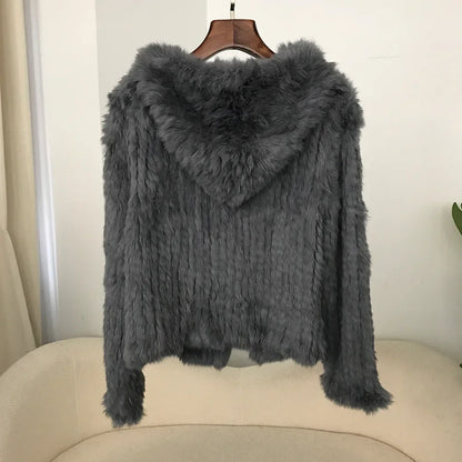 2024 Short Rabbit Fur Coat for Women Autumn Winter New Encrypted Thickened Handmade Double-sided Woven Hooded Korean Style
