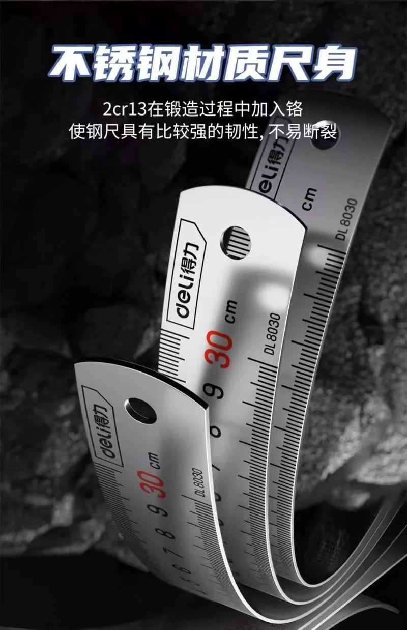Deli 1 Pcs 15/20/30/50cm Multi-standard Measuring Ruler Stainless Steel Woodworking Portable Hand Percision Measuring Tools