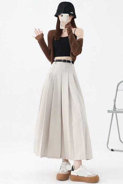 2026 New Women's Pleated Maxi Skirts Autumn High Waisted Zipper Jk Long Skirt Woman Elegant Loose Design Big Swing A-Line Skirts