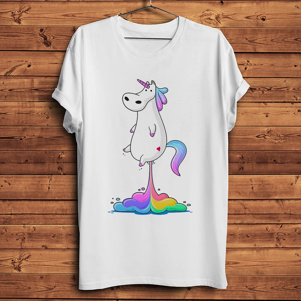 Cute fat unicorn farting rainbow funny t shirt men new white casual tshirt homme breathable print unisex tee