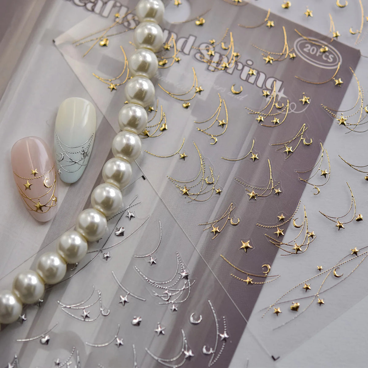 1Pcs 5D French Star Moon Chains Nail Art Stickers Gold/Silver Curved Lines,Starlight Nails Slider Self-Adhesive Manicure Decal &