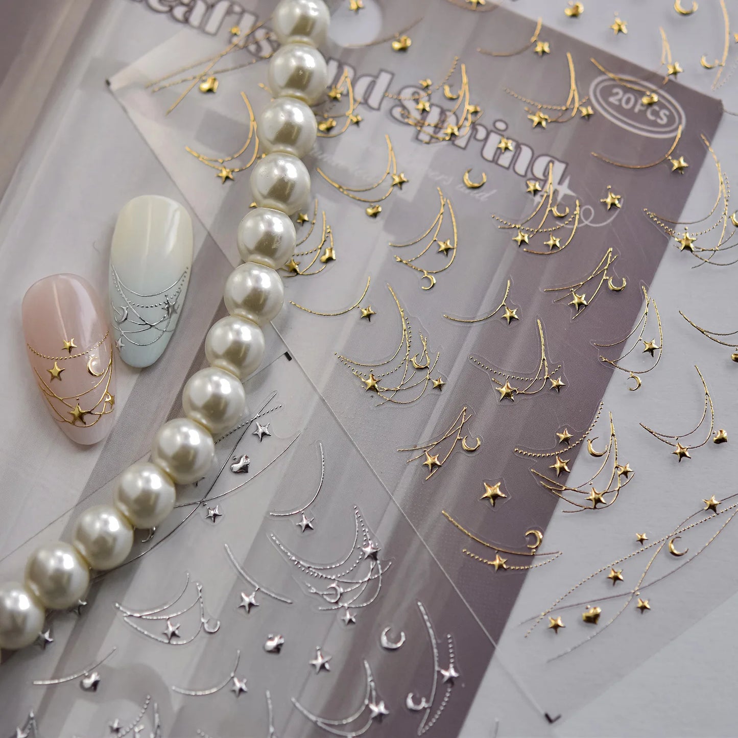 1Pcs 5D French Star Moon Chains Nail Art Stickers Gold/Silver Curved Lines,Starlight Nails Slider Self-Adhesive Manicure Decal &