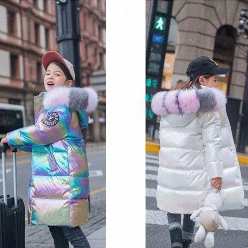 Winter Girls Shiny Hooded Down Jacket Fur Collar Windproof Coat Teenage Outerwear Kids Parka Snowsuit Clothing New 5-14 Years