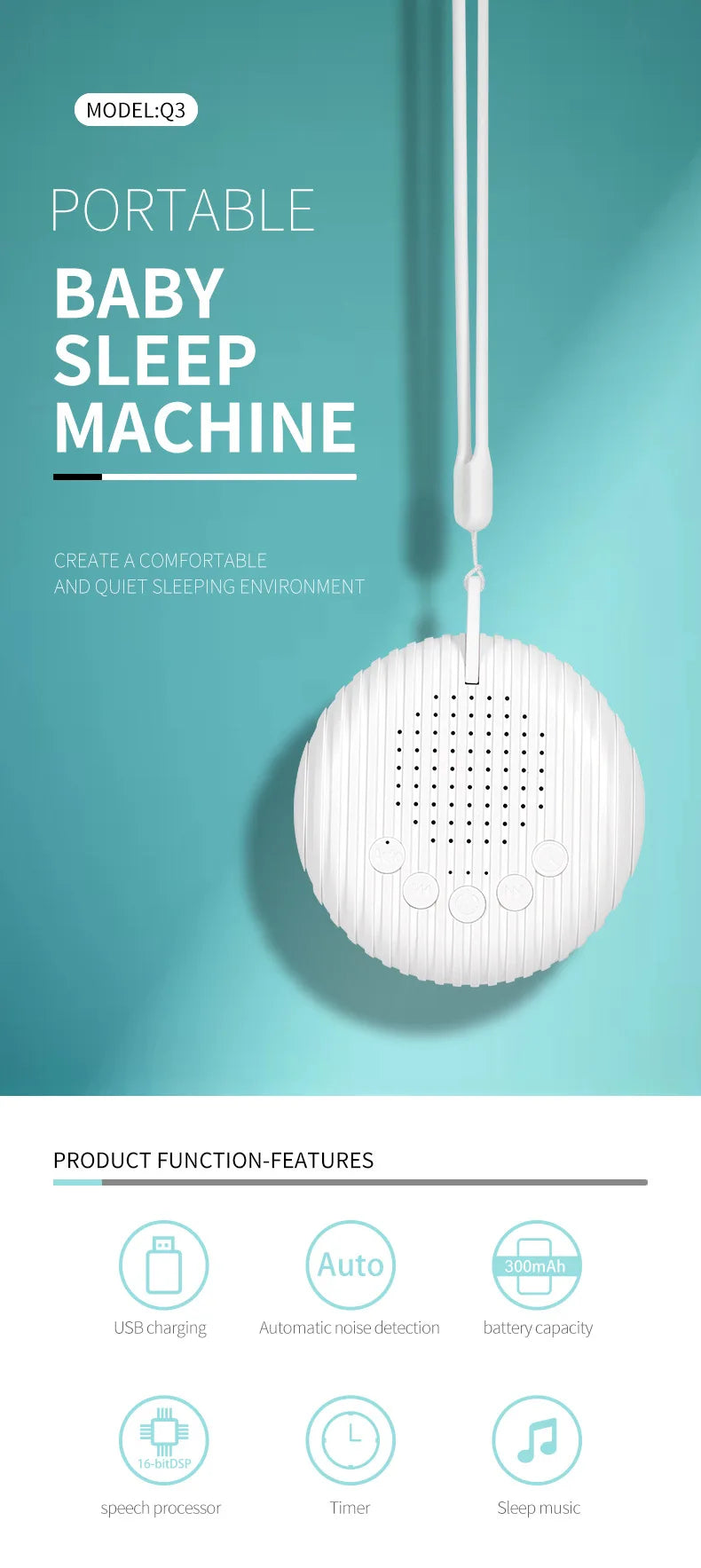 White Noise Sound Machine Portable Baby Sleep Machine 10 Soothing Sounds Volume Adjustable Built-in Rechargeable Battery USB
