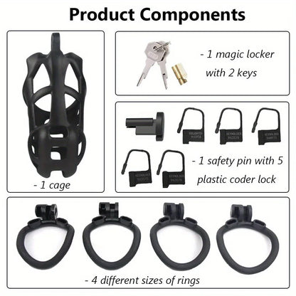 New Color Male Penis Lock Chastity Cage with Lock and 4 Rings Resin Virginity for Men Couple Breathable Cock Ring Penis Restrain