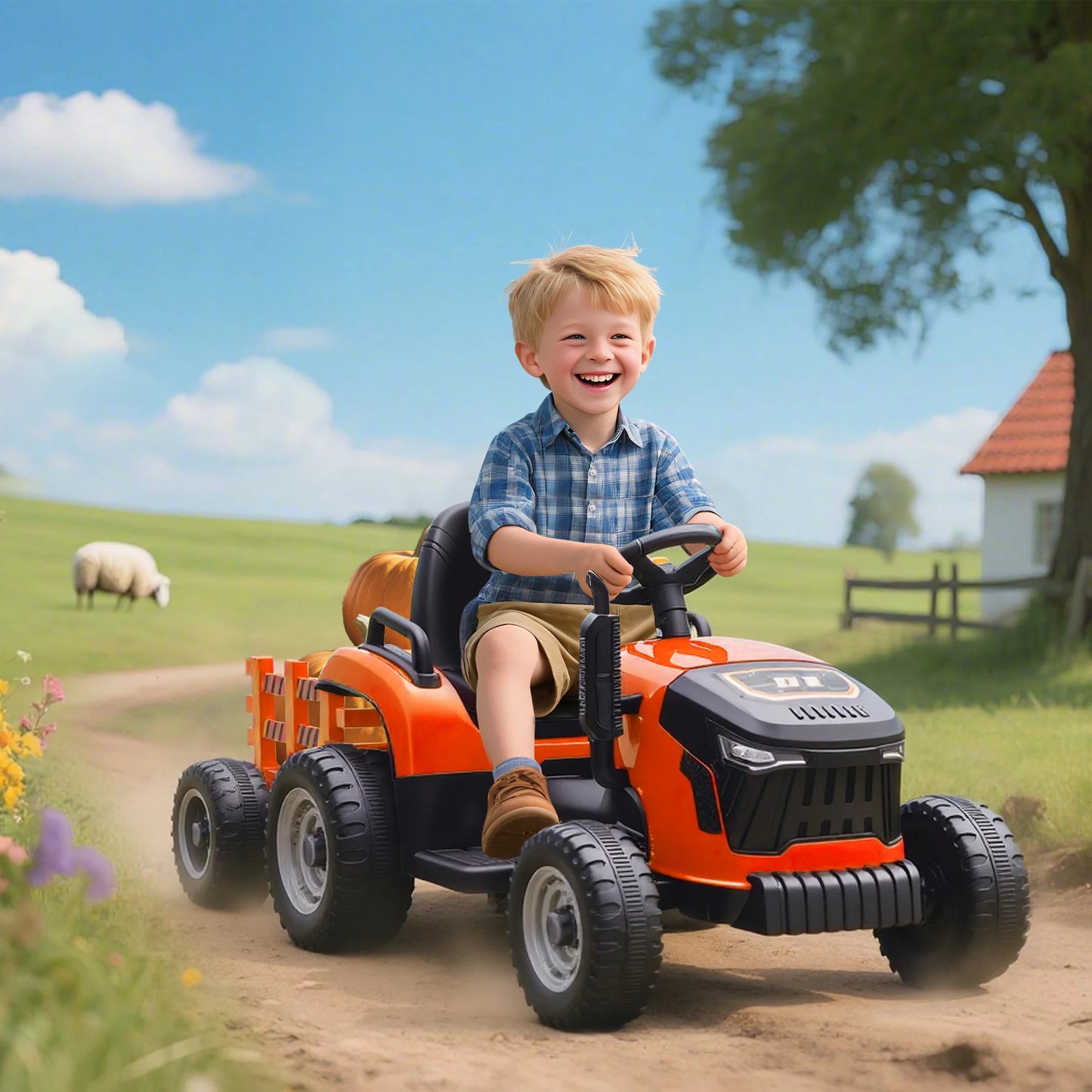 Electric tractor for children, ride-on tractor with remote control, soft start, for children aged 3 to 8, Orange