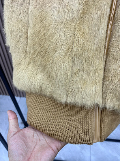 Women's Genuine Real Rabbit Fur Vest Coat Knitting Winter Fox Fur Collar Fur Jacket Casual Short Outwear Slim with Zipper