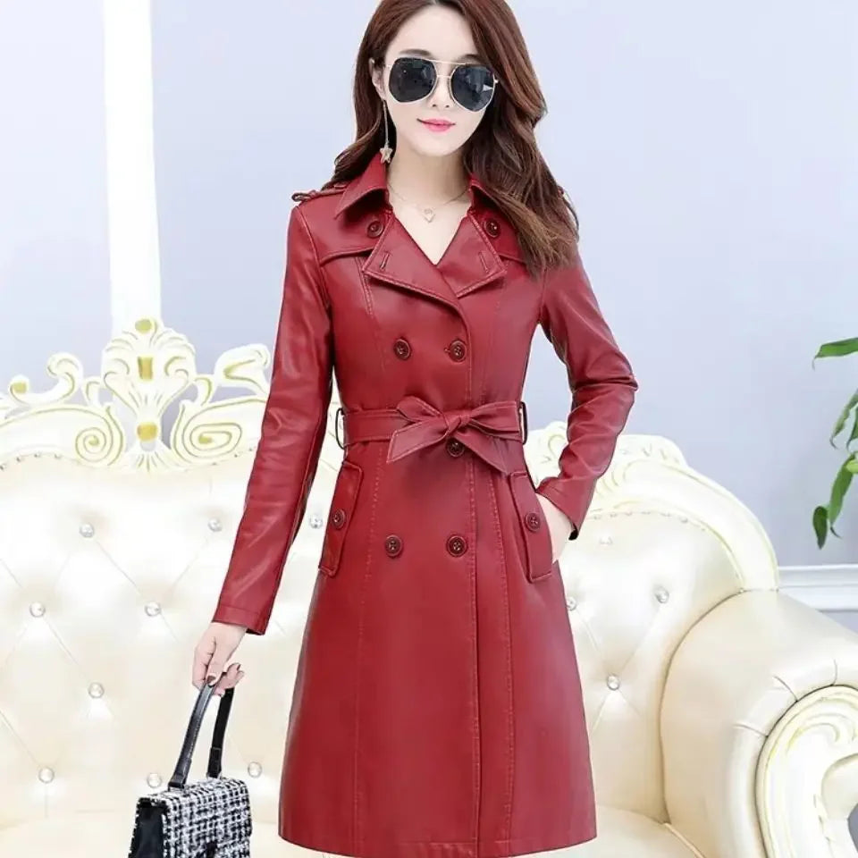 Top Compound lambskin leather jacket lady Free wash PU women clothing trench Long faux fur coat streetwear casaca para mujer