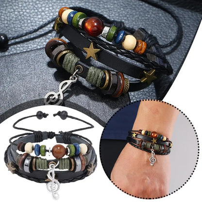 High-end Men And Women Beads Leather Bracelet Vintage Bracelet Bracele Bracelet Star Note Bracelet Musical Adjustable Multi F9J3