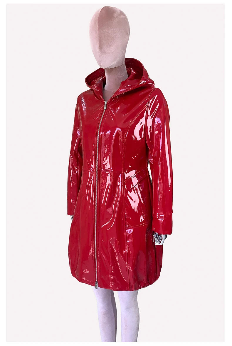 Nerazzurri Spring Fitted Waterproof Shiny Reflective Black Patent Faux Leather Jacket Women with Hood Zipper Red Autumn Clothes