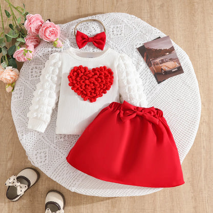 0-3Y Baby Girl Outfit Set 2pcs Puffy Sleeve Heart Shape Top and Corduroy Skirts Valentines Day Sweet Toddler Kids Clothes Girls