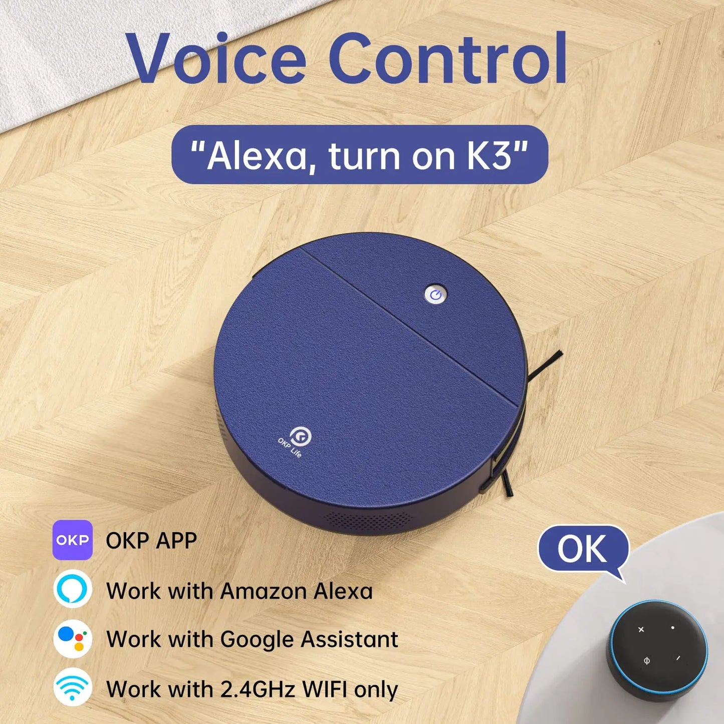 OKP K3 Robot Vacuum Cleaner 2000Pa Strong Suction 120 min autonomy,5 Cleaning mode home appliance for Hardfloor and Carpet